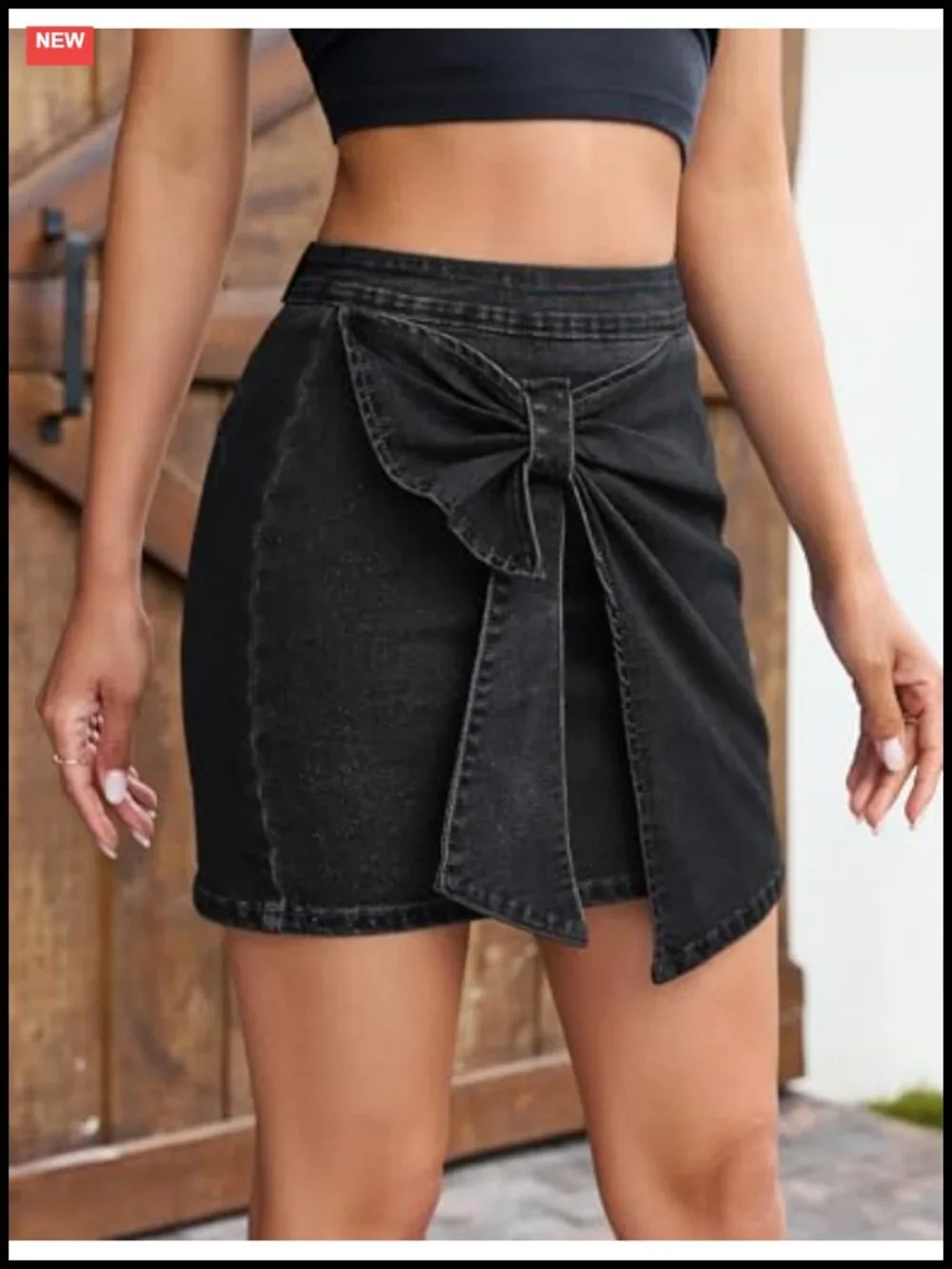 Stretch Denim High Rise Skort with Bow Front and Built-in Shorts